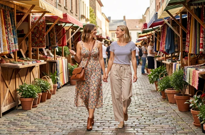 Deux femmes élégantes marchant dans un marché extérieur européen, arborant des tenues de style tendance printanière avec robes, lin et espadrilles
