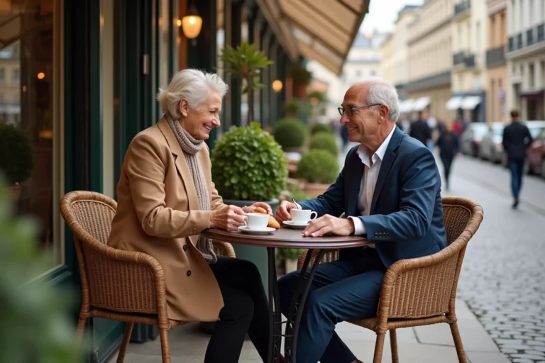 Deux personnes attablées en terrasse d'un café parisien typique, savourant un expresso et des croissants dans une ambiance conviviale