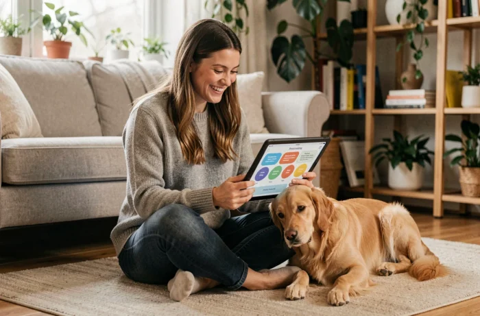 Femme souriante faisant un test de personnalité sur tablette avec un golden retriever à ses côtés dans un salon cosy