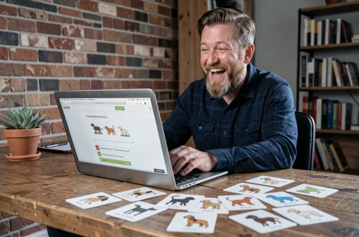 Homem barbudo sorridente fazendo um teste para encontrar o cachorro ideal em um laptop com fichas de raças de cães