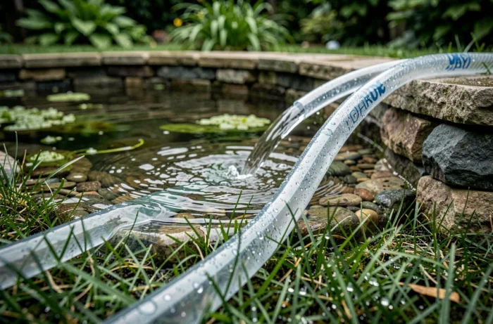 Gros plan sur un tuyau siphon utilisé pour vider un bassin de jardin par gravité