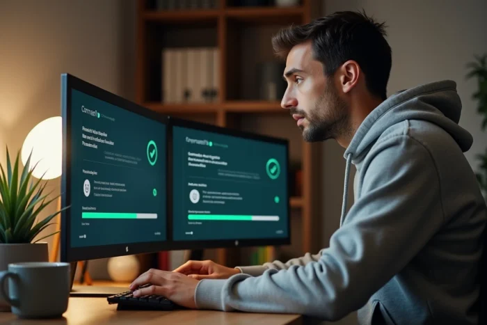 Homme vérifiant la sécurité d'un téléchargement sur son PC avec un antivirus et des indicateurs de protection