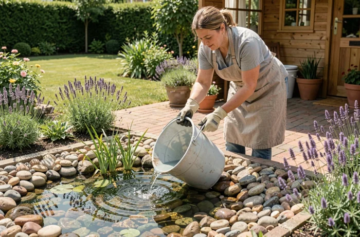 Femme vidant un bassin de jardin à l'aide d'un seau sans utiliser de pompe
