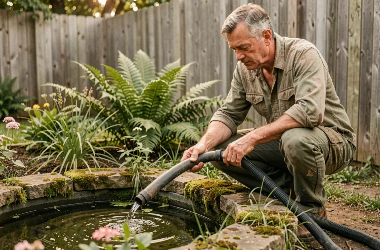 Homme vidant un bassin de jardin avec un tuyau siphon sans pompe
